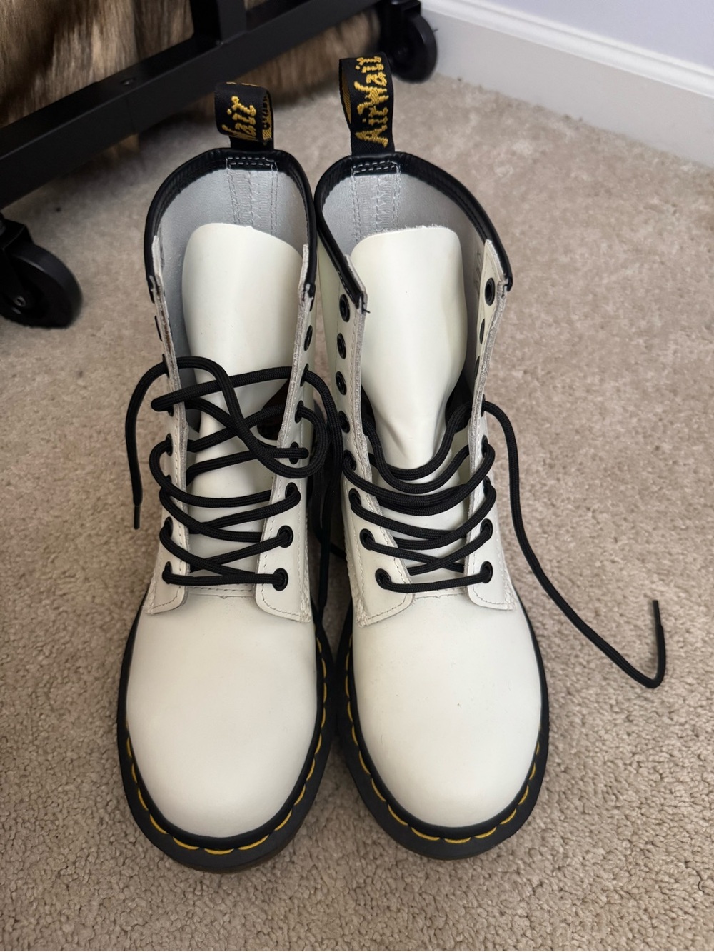 Dr. Martens White Leather Lace-Up Combat Boots with Black Trim